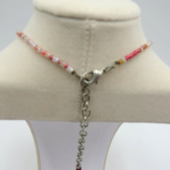 Pewter Flower Necklace 1.5" Pendant Adjustable 15" Multicolor Glass Beads - Picture 7 of 8